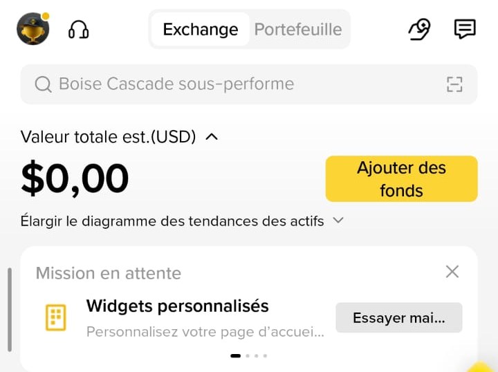 Appli Binance : accueil avec le bouton Ajouter des fonds